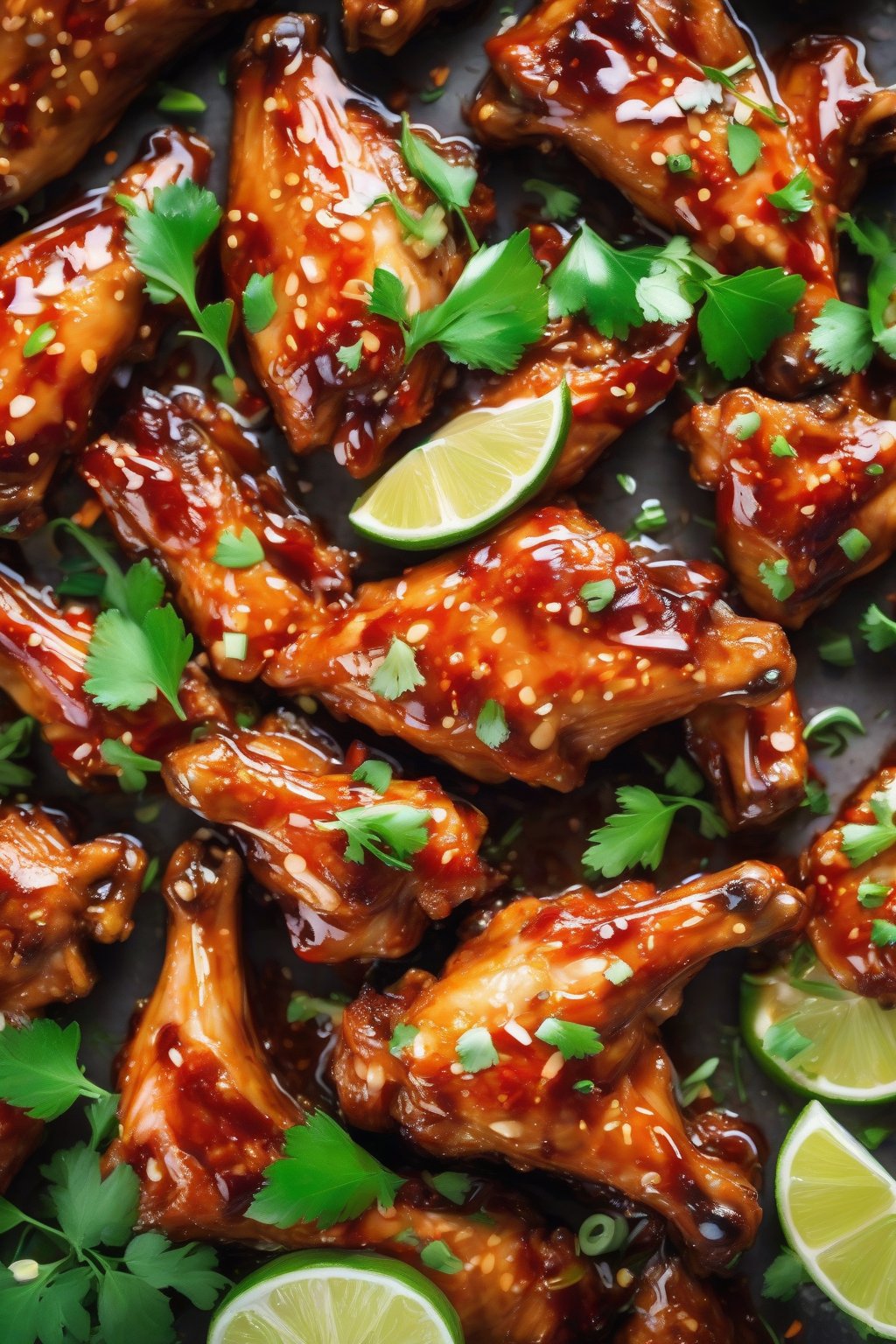 A high-resolution close-up photo of glossy sweet chili chicken wings with lime slices and herbs, under soft lighting.