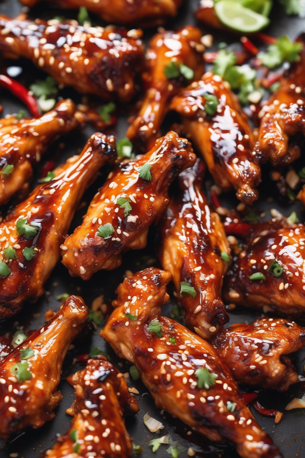 A high-resolution close-up photo of maple sriracha chicken wings with sticky glaze and chili flecks, under soft lighting.