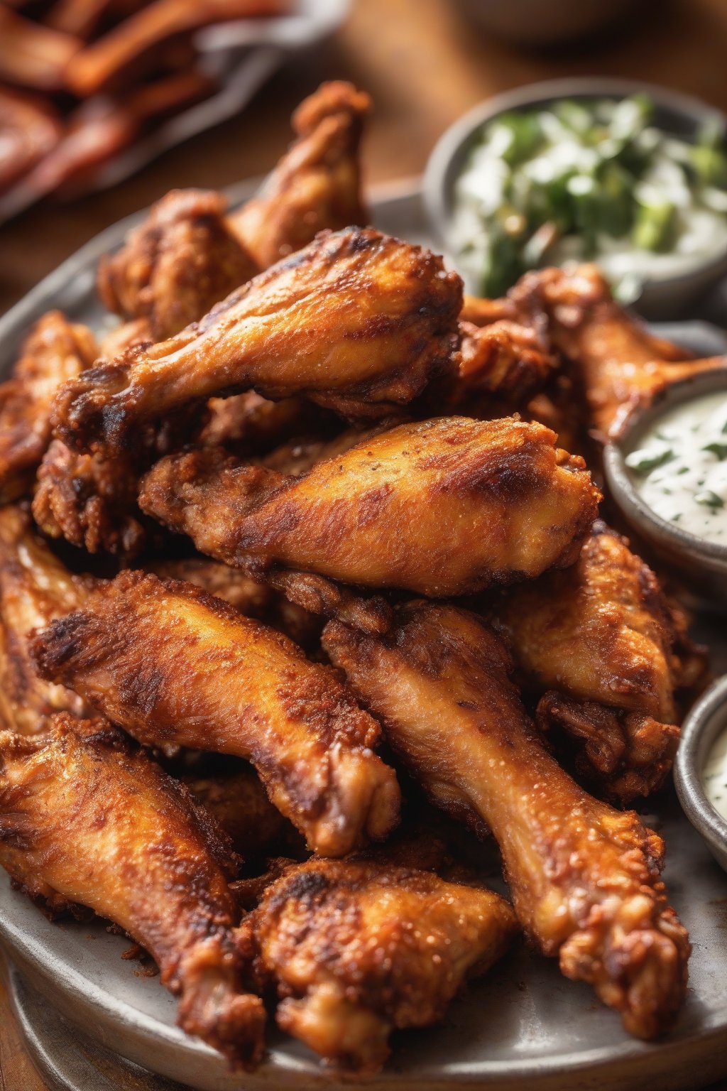 A high-resolution close-up photo of golden ranch dry rub chicken wings, ranch dip in background, under soft lighting.