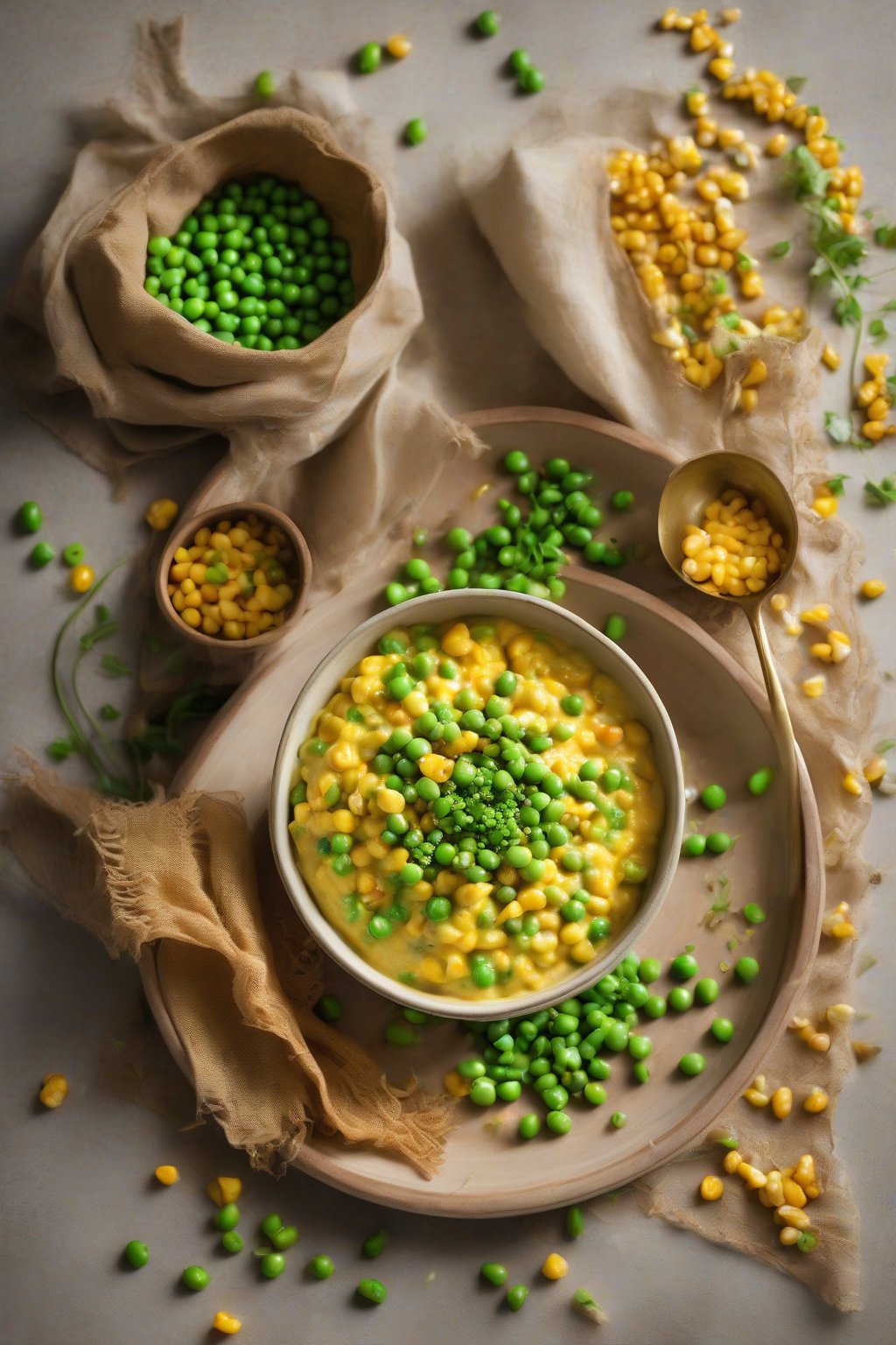 A high-resolution photo of curried sweet kernel cream corn with peas, golden and aromatic under soft lighting.