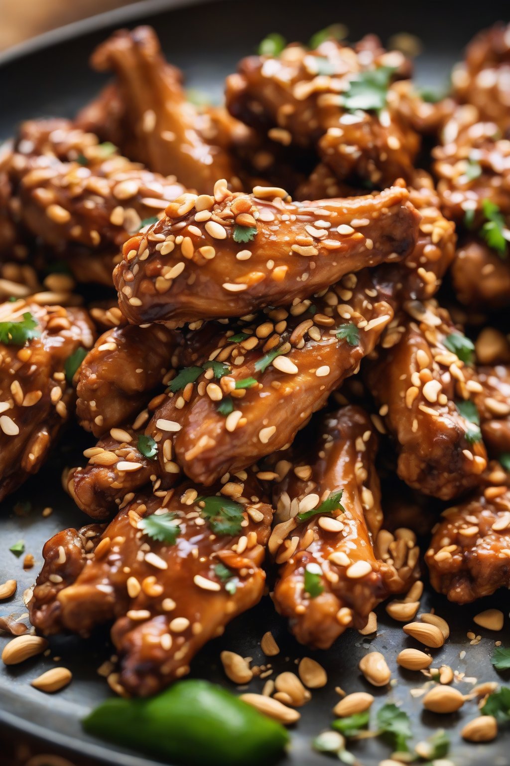 A high-resolution close-up photo of peanut-sauced Thai chicken wings with crushed peanuts, under soft lighting.