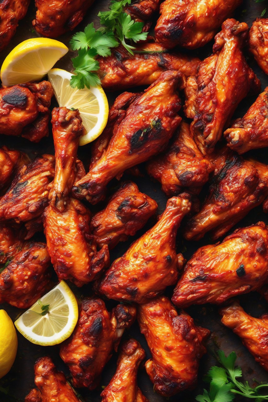 A high-resolution close-up photo of vibrant red piri piri chicken wings, lemon wedge garnish, under soft lighting.