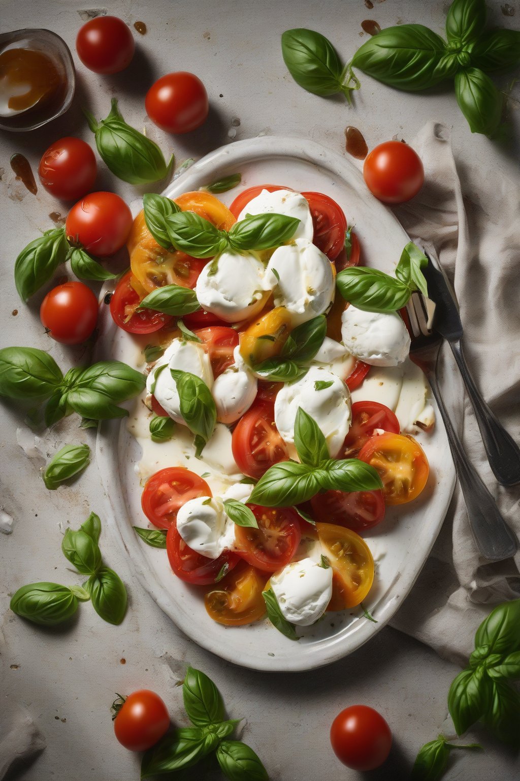 A high-resolution photo of a vibrant Caprese burrata salad with torn cheese, sliced tomatoes, and basil under soft lighting.