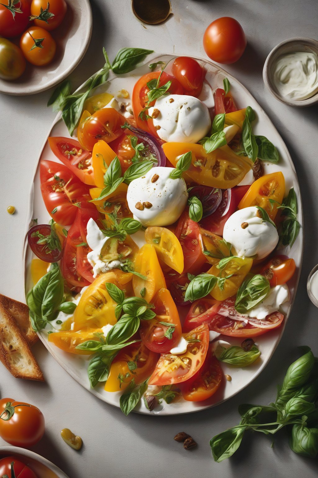 A high-resolution photo of heirloom tomato and burrata salad with colorful wedges and creamy cheese under soft lighting.