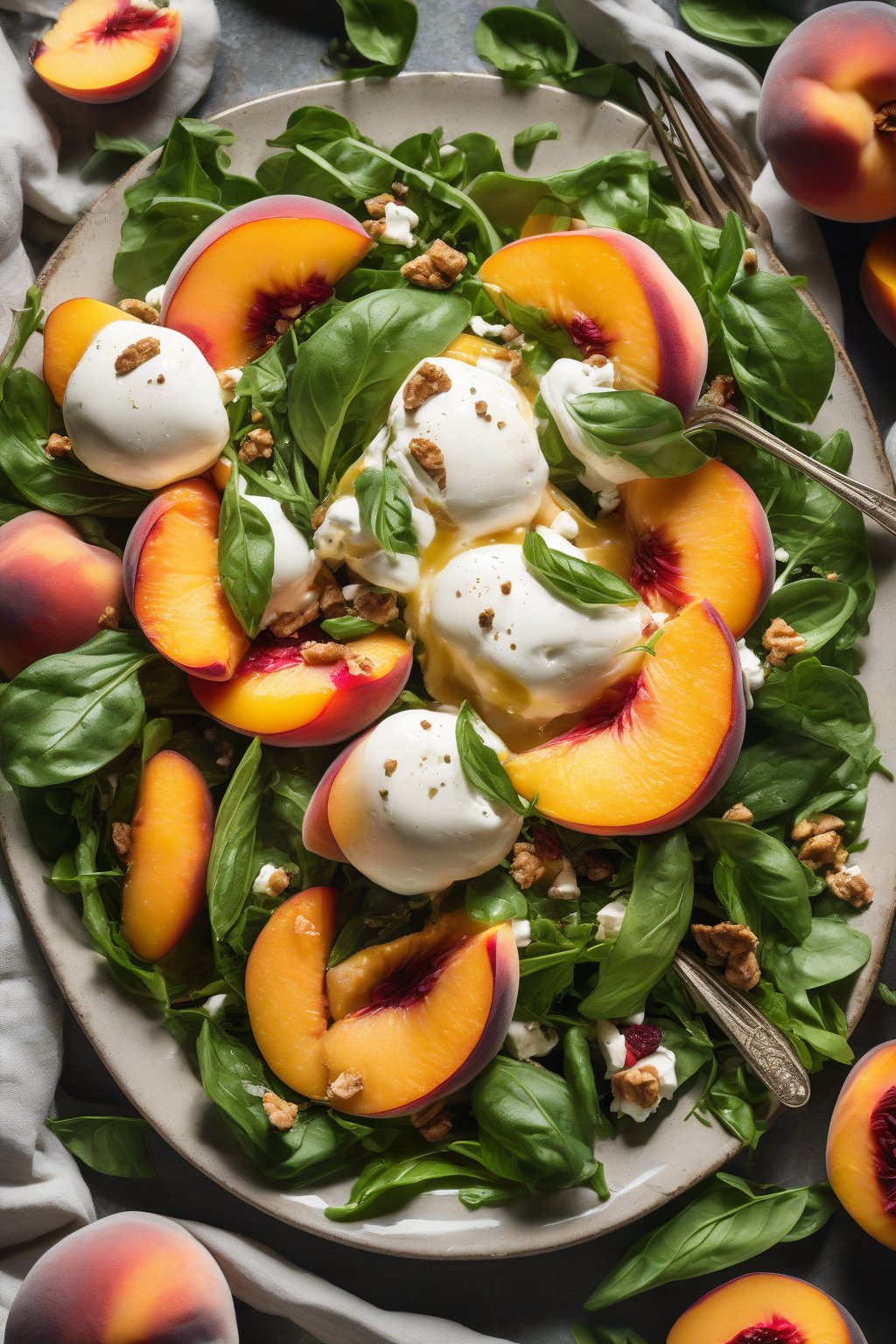 A high-resolution photo of peach and burrata salad with juicy slices on greens under soft lighting.