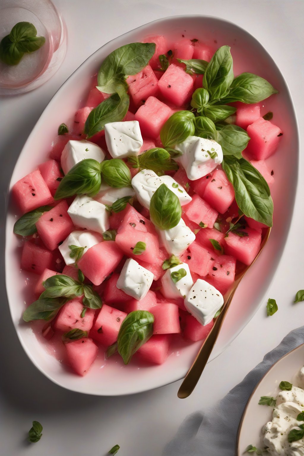 A high-resolution photo of watermelon burrata salad with pink cubes and creamy cheese under soft lighting.