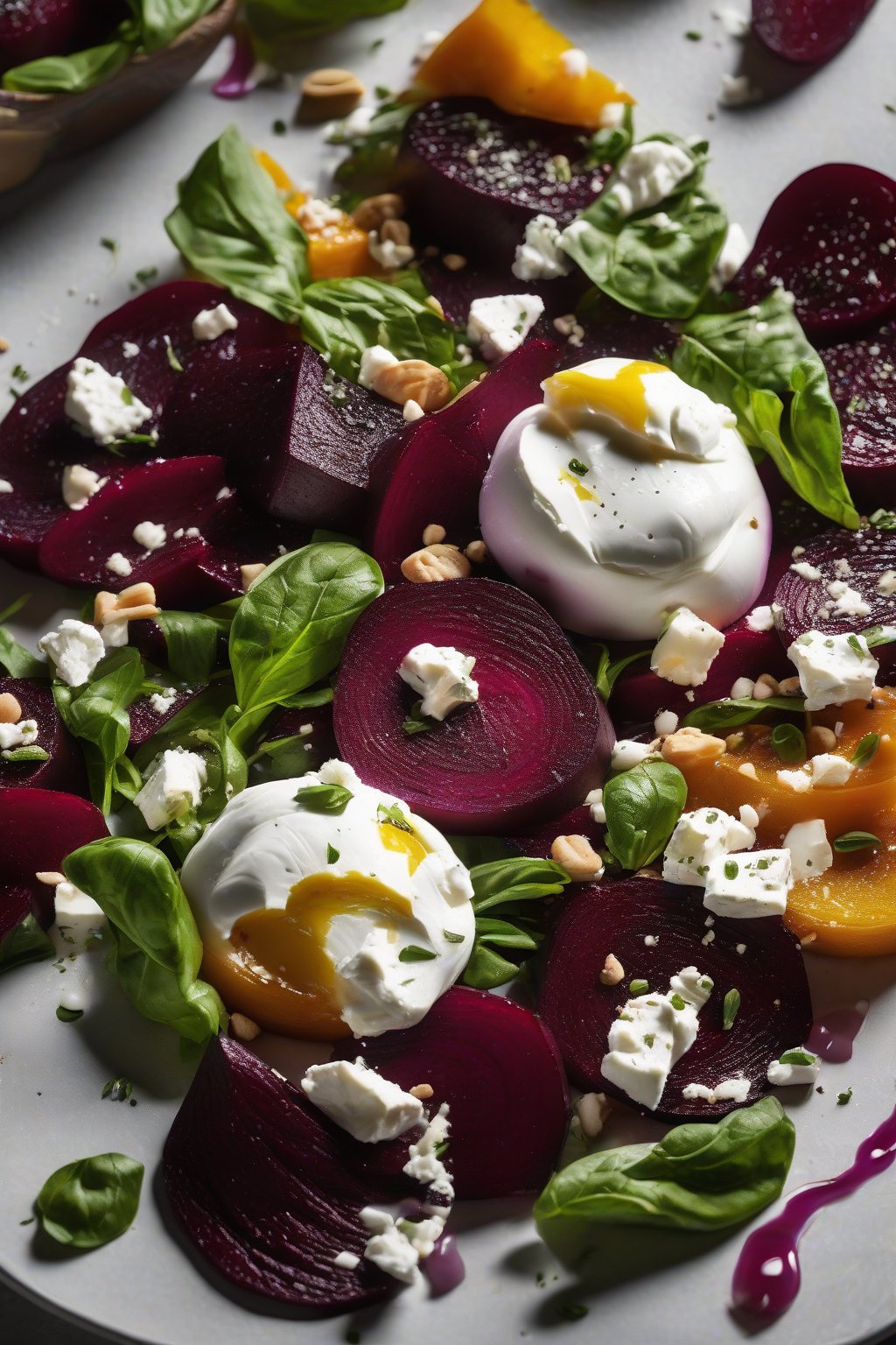 A high-resolution photo of roasted beet and burrata salad with purple slices and white cheese under soft lighting.