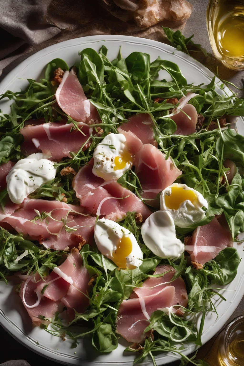A high-resolution photo of arugula prosciutto and burrata salad with pink meat and greens under soft lighting.