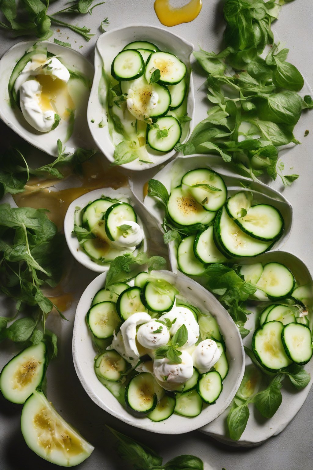 A high-resolution photo of cucumber burrata salad with green slices and creamy center under soft lighting.