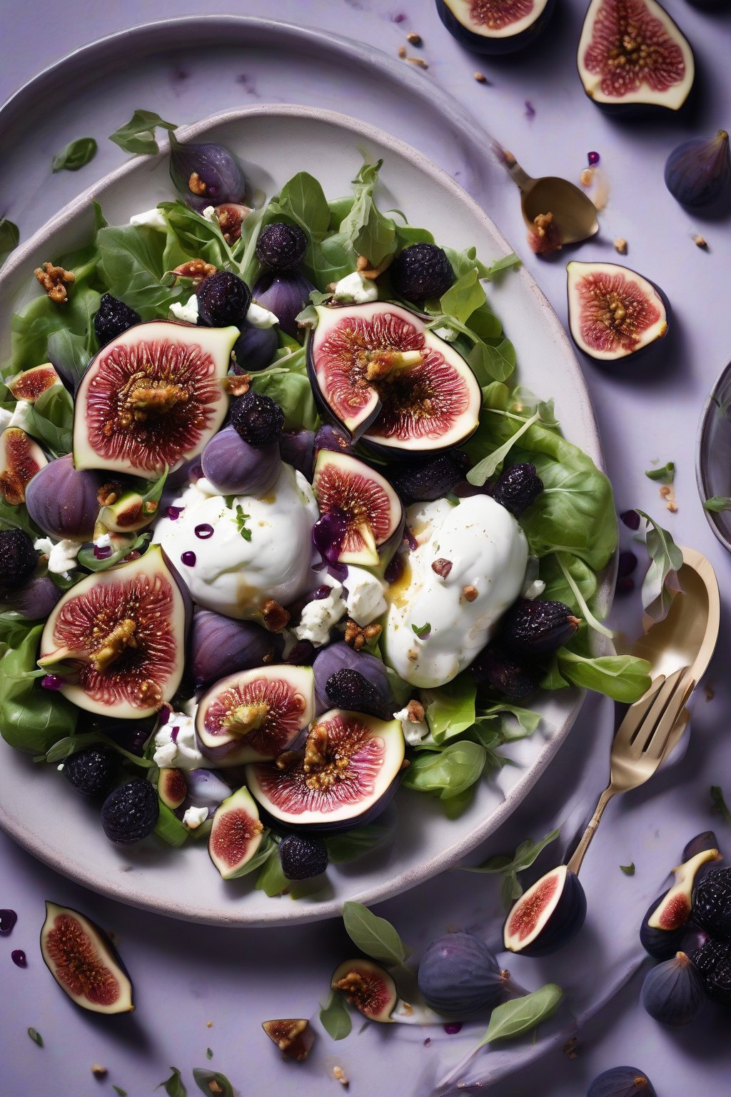 A high-resolution photo of fig and burrata salad with purple fruits and cheese under soft lighting.