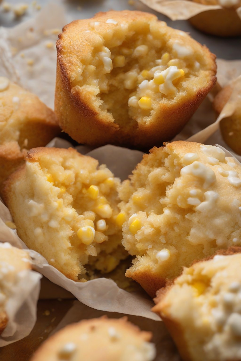 A high-resolution photo of sweet kernel cream corn muffins split open, revealing moist crumb and kernels under soft lighting.