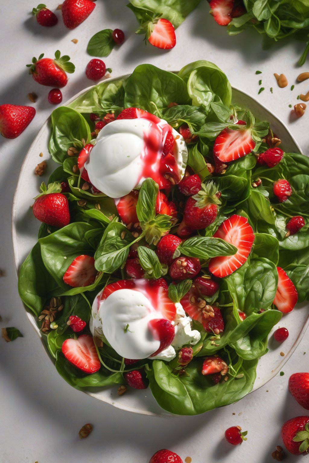 A high-resolution photo of strawberry burrata salad with red berries on greens under soft lighting.