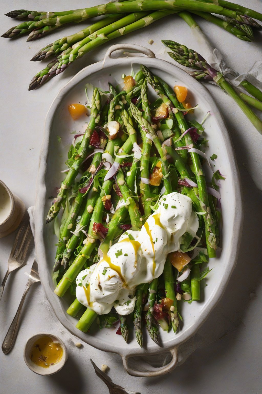 A high-resolution photo of asparagus burrata salad with green spears and cheese under soft lighting.