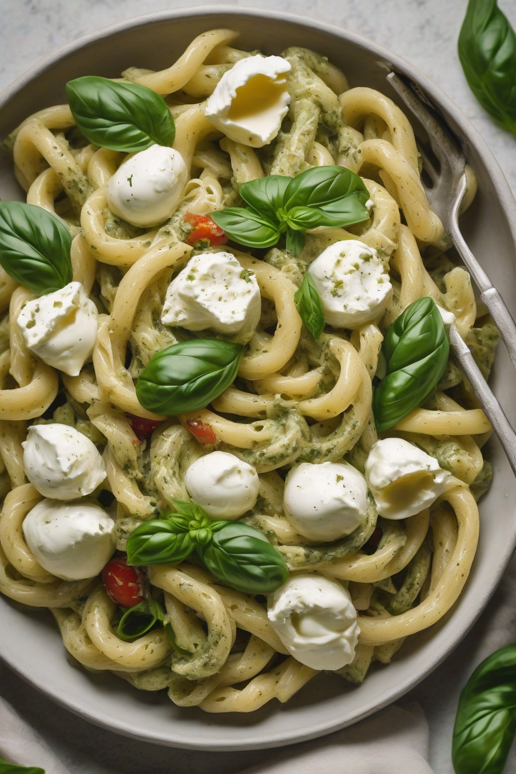 A high-resolution photo of pesto burrata pasta salad with green swirls and creamy cheese under soft lighting.