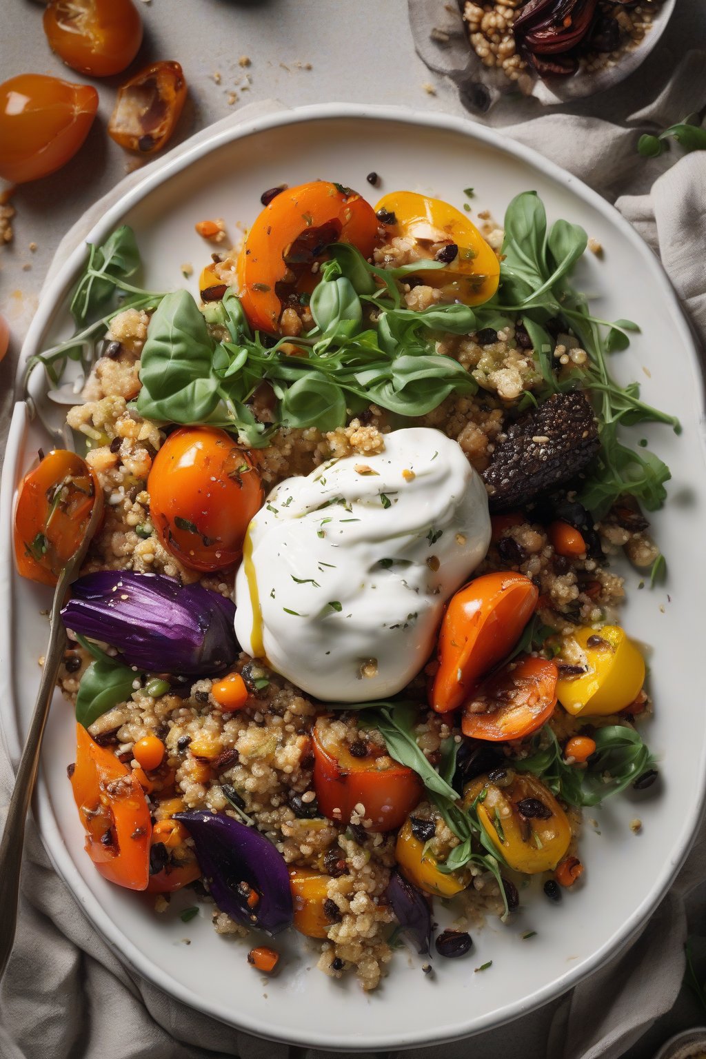A high-resolution photo of quinoa burrata salad with grains and roasted veggies under soft lighting.
