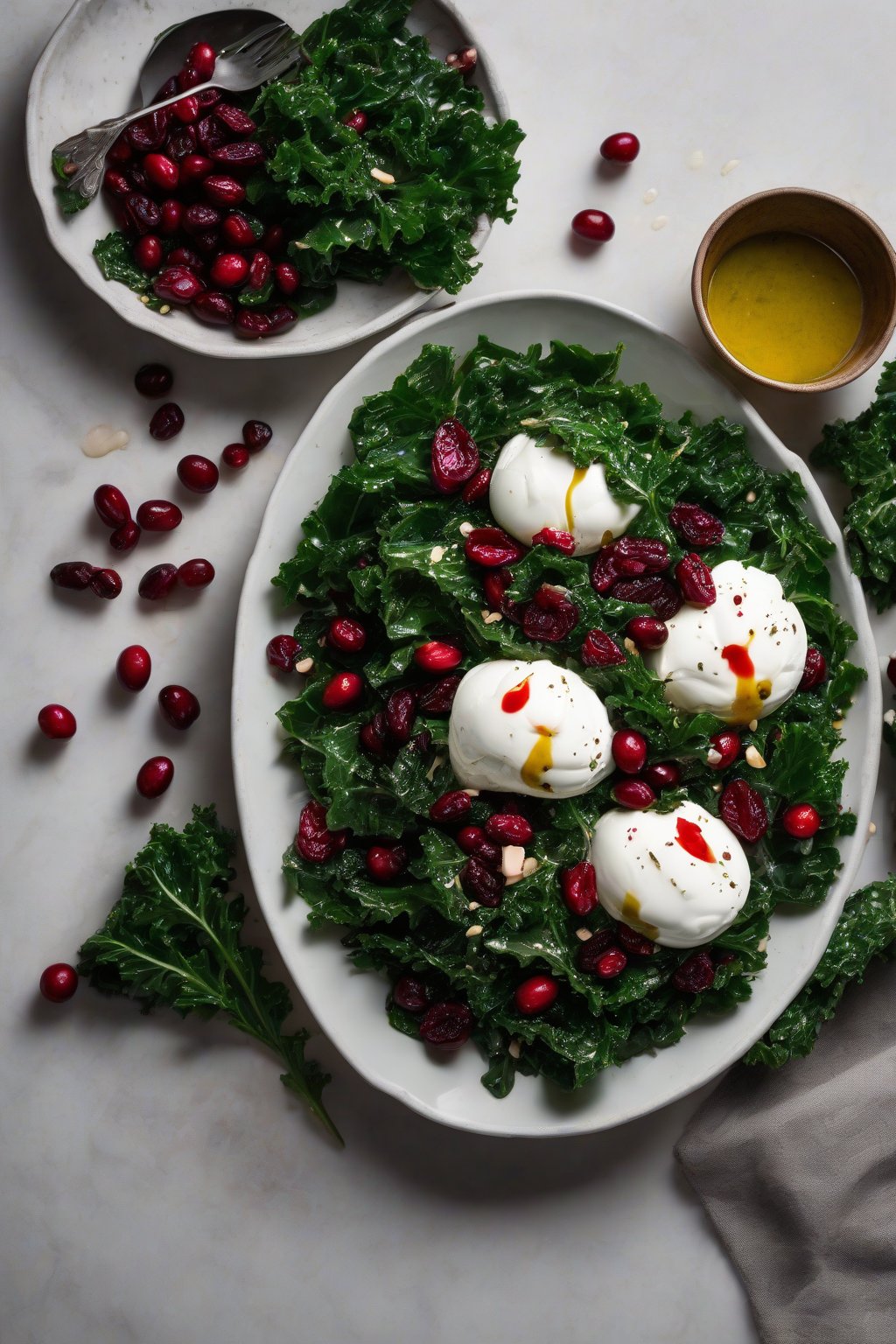 A high-resolution photo of kale burrata salad with dark greens and red cranberries under soft lighting.