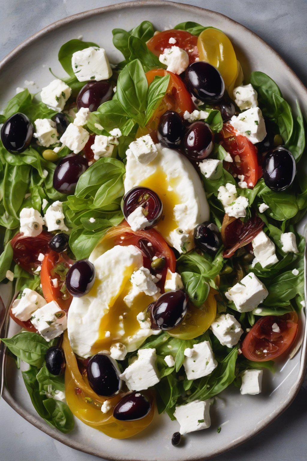 A high-resolution photo of Mediterranean burrata salad with olives and feta under soft lighting.