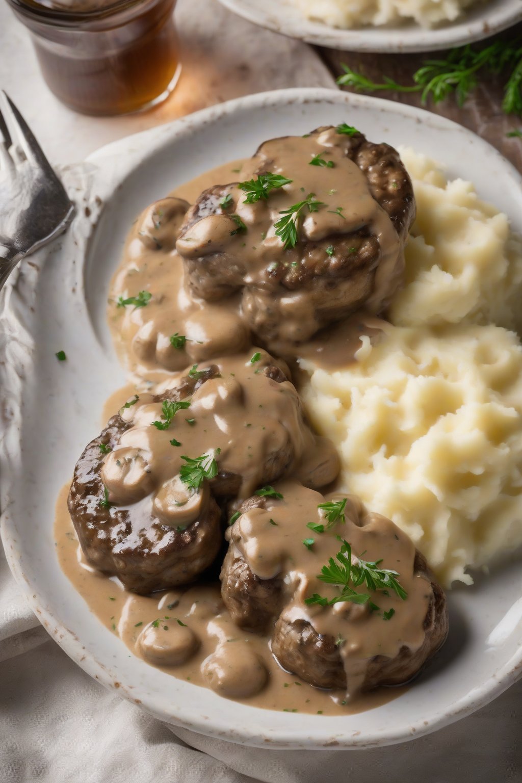 A high-resolution photo of classic Salisbury steak patties smothered in creamy mushroom gravy, served with mashed potatoes, under soft lighting.
