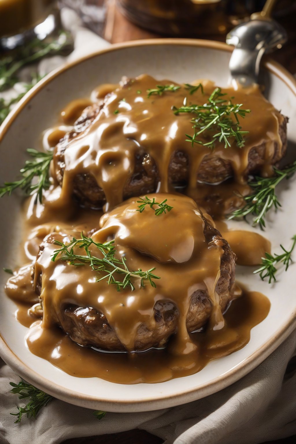 A high-resolution photo of cheesy Salisbury steak patties topped with golden onion gravy, garnished with fresh thyme, under soft lighting.