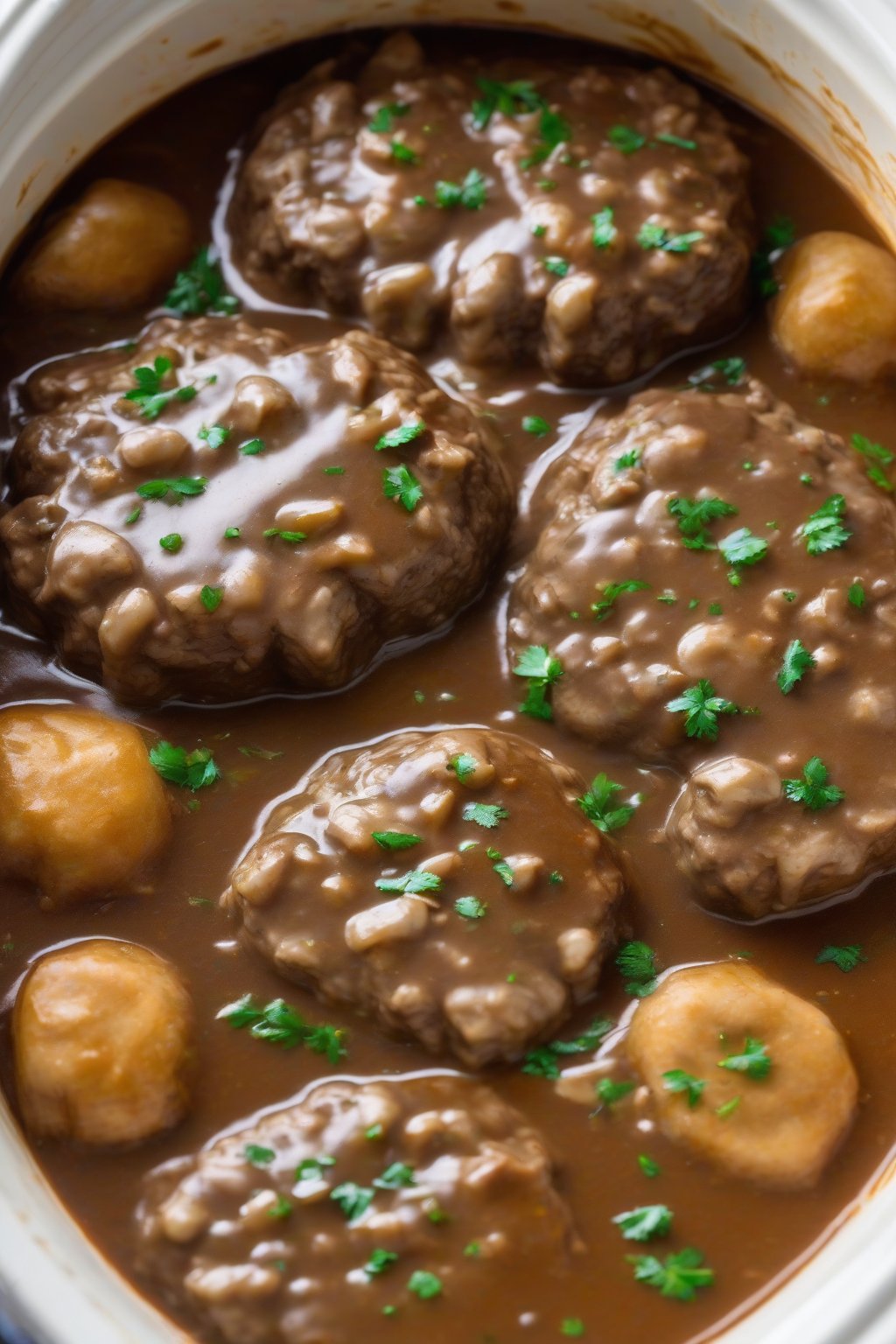 A high-resolution photo of slow cooker Salisbury steak in thick gravy, with patties partially submerged, under soft lighting.