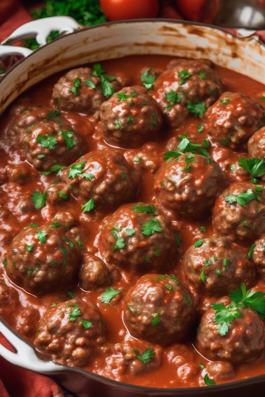 A high-resolution photo of baked Salisbury steak meatballs in glossy tomato gravy, sprinkled with parsley, under soft lighting.