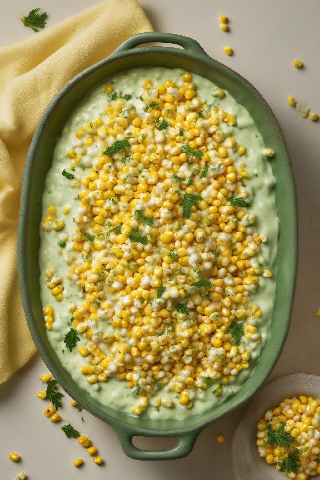 A high-resolution photo of herb-loaded sweet kernel cream corn in a serving dish, bright green flecks on yellow kernels under soft lighting.