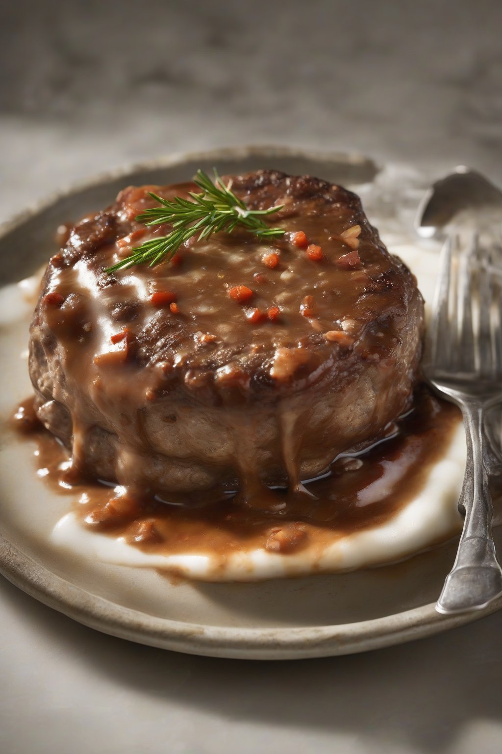A high-resolution photo of bacon-flecked Salisbury steak with smoky gravy, steam rising gently, under soft lighting.