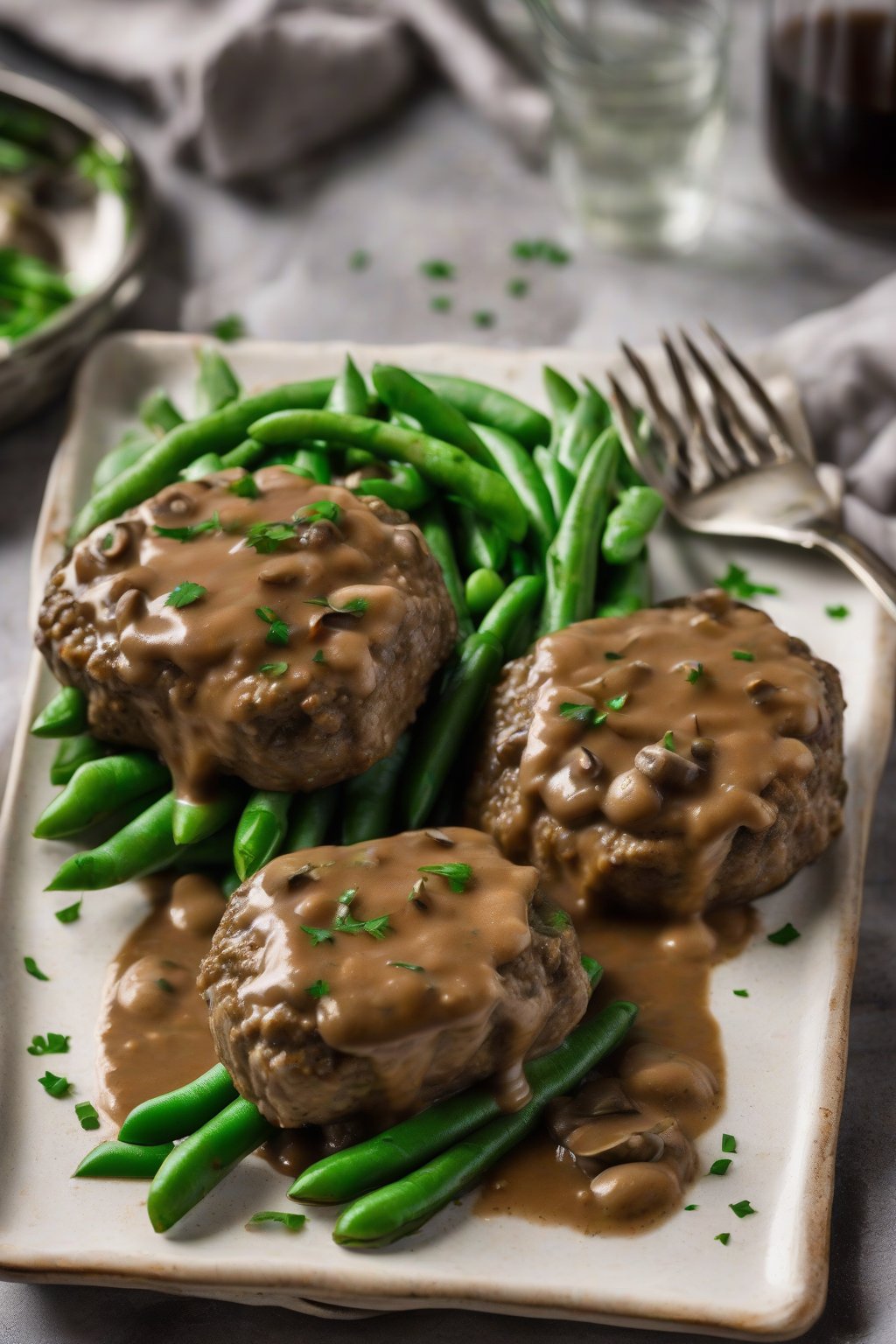 A high-resolution photo of lentil Salisbury steak patties covered in mushroom gravy, alongside green beans, under soft lighting.