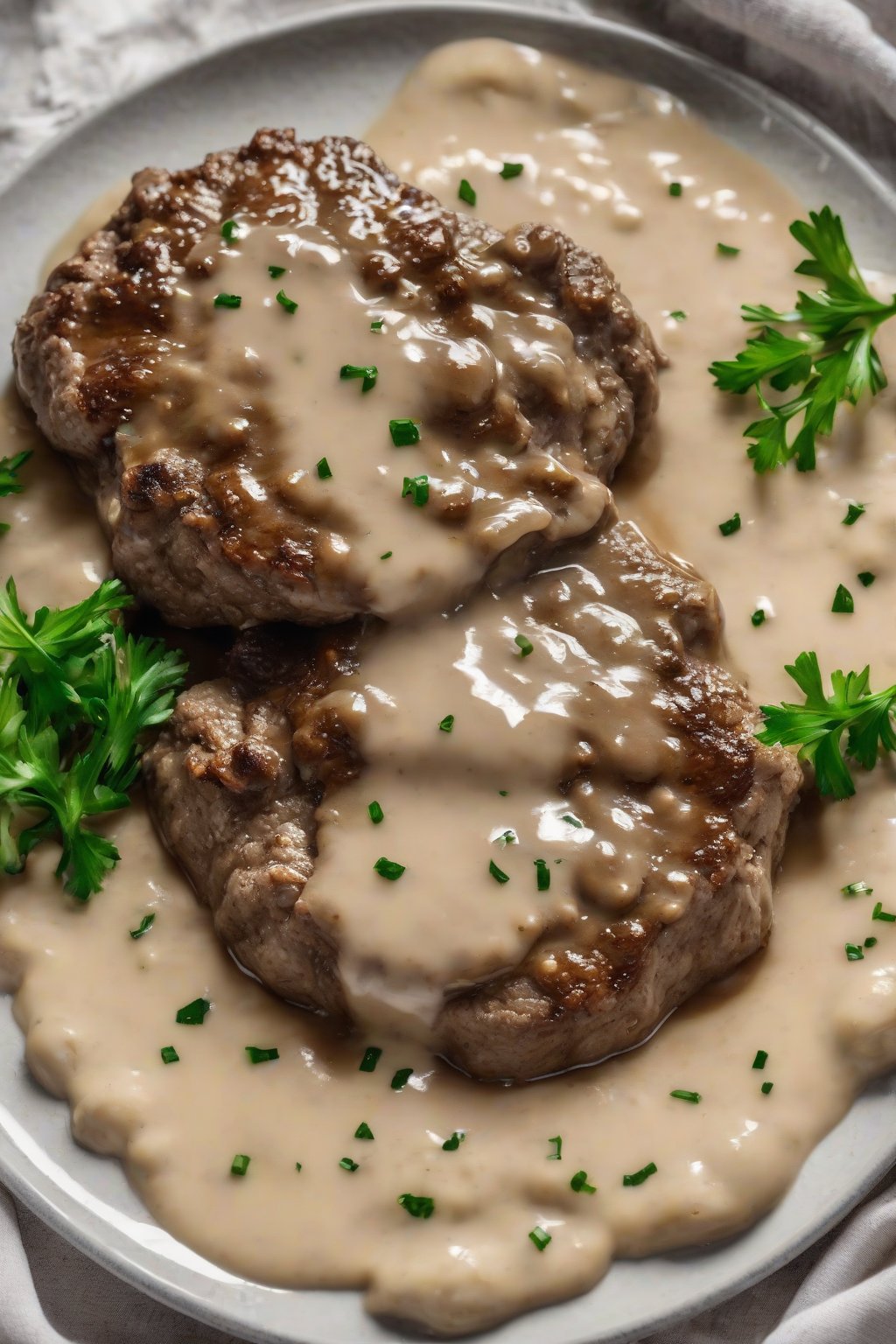 A high-resolution photo of air-fried Salisbury steak with creamy garlic gravy dripping off, under soft lighting.