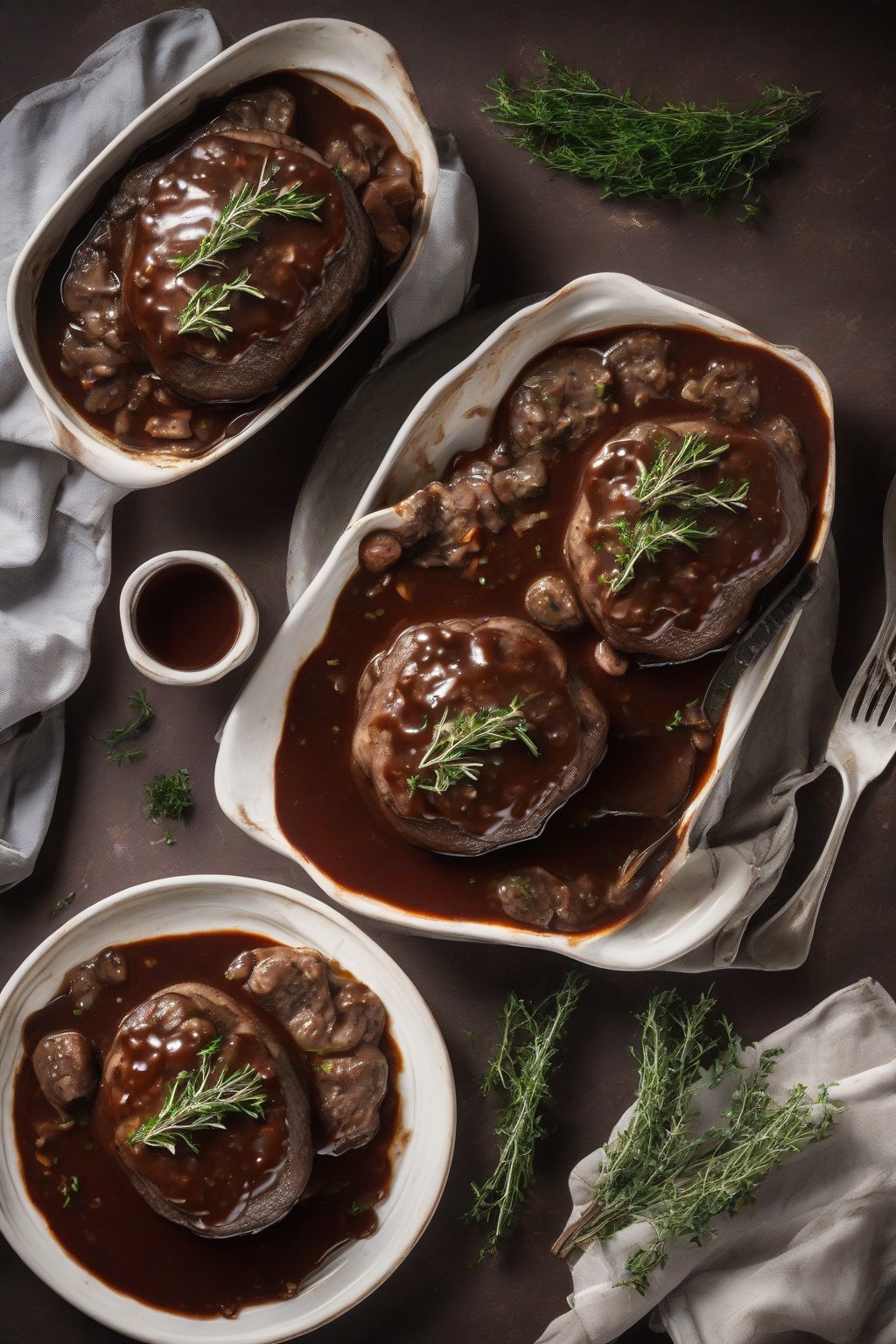 A high-resolution photo of Salisbury steak in rich red wine gravy, garnished with thyme sprigs, under soft lighting.