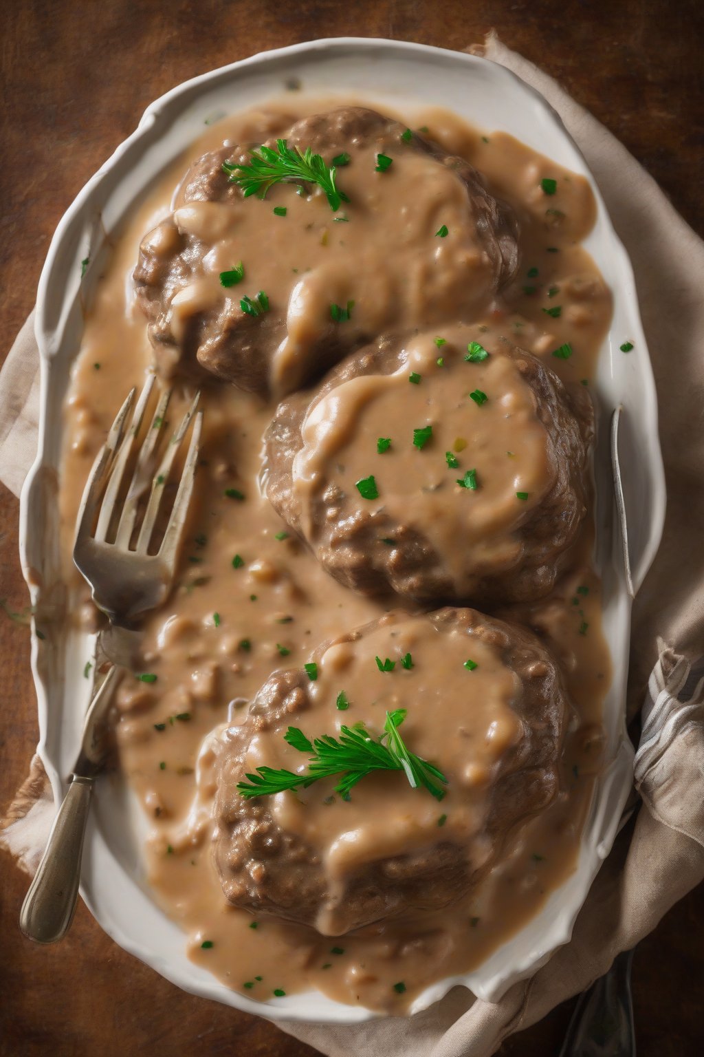 A high-resolution photo of creamy garlic Salisbury steak, gravy pooling around the edges, under soft lighting.