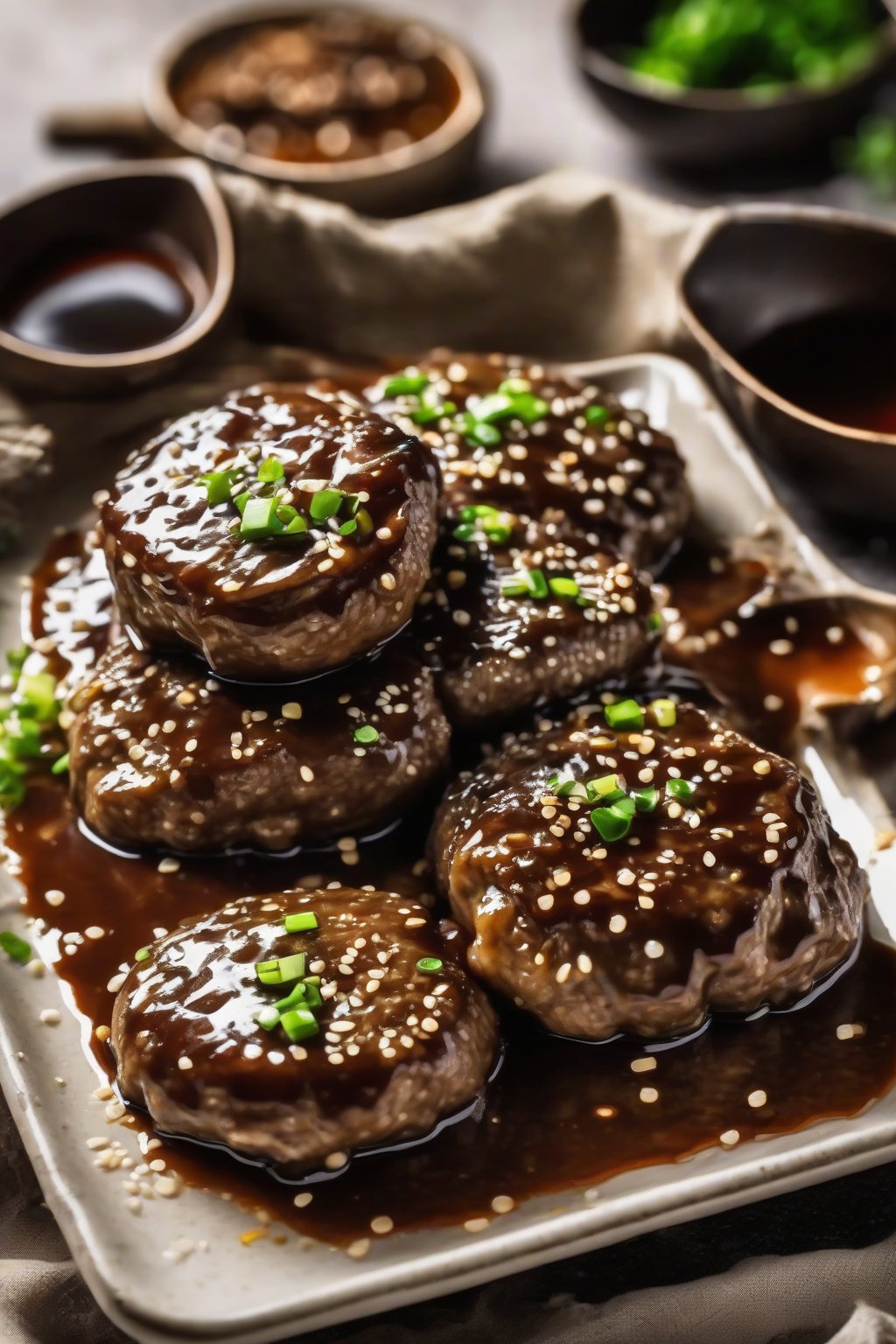 A high-resolution photo of Asian Salisbury steak patties in glossy teriyaki gravy, sesame seeds sprinkled on top, under soft lighting.