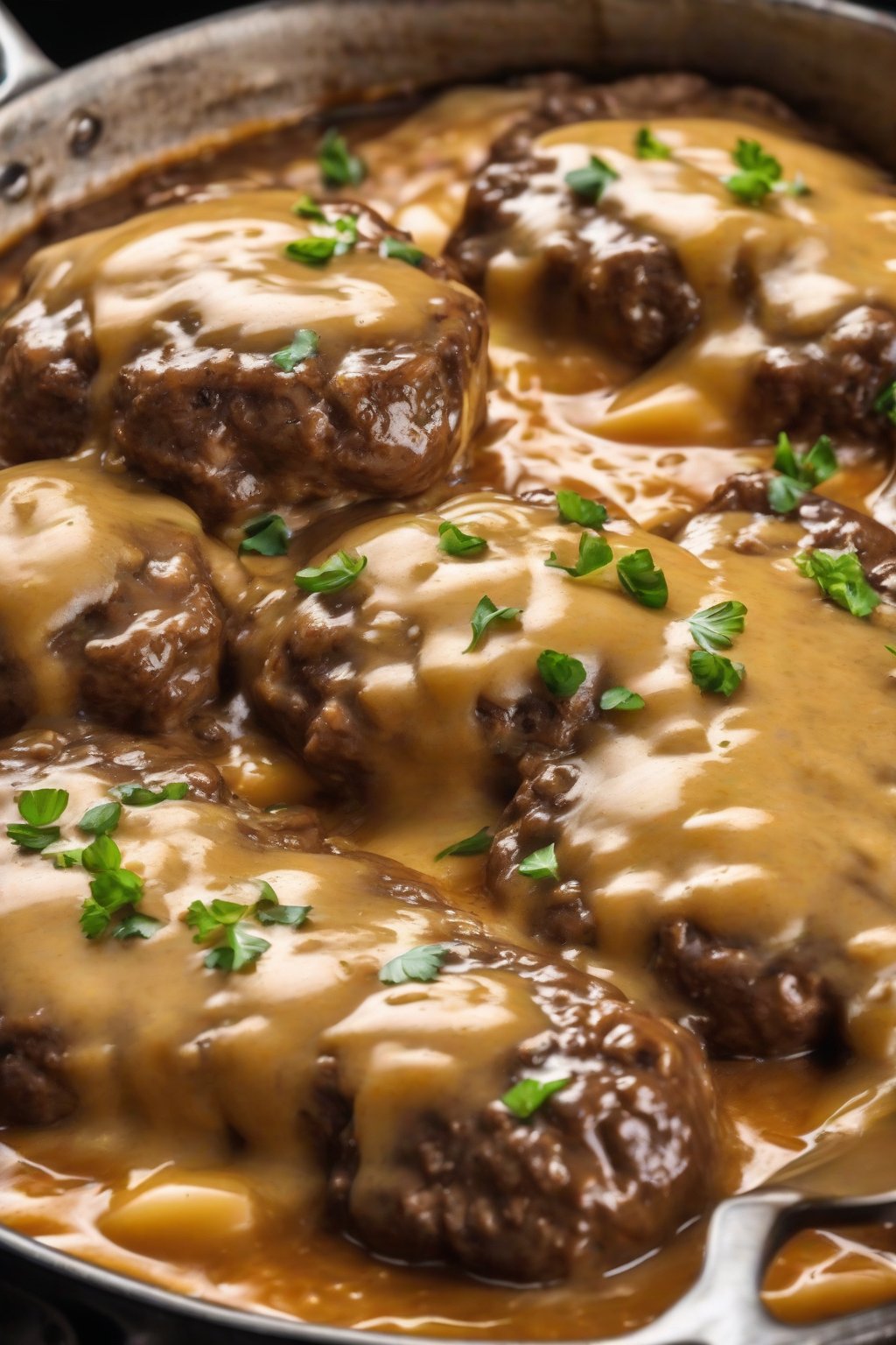 A high-resolution photo of loaded cheesy Salisbury steak bubbling under golden gravy, under soft lighting.
