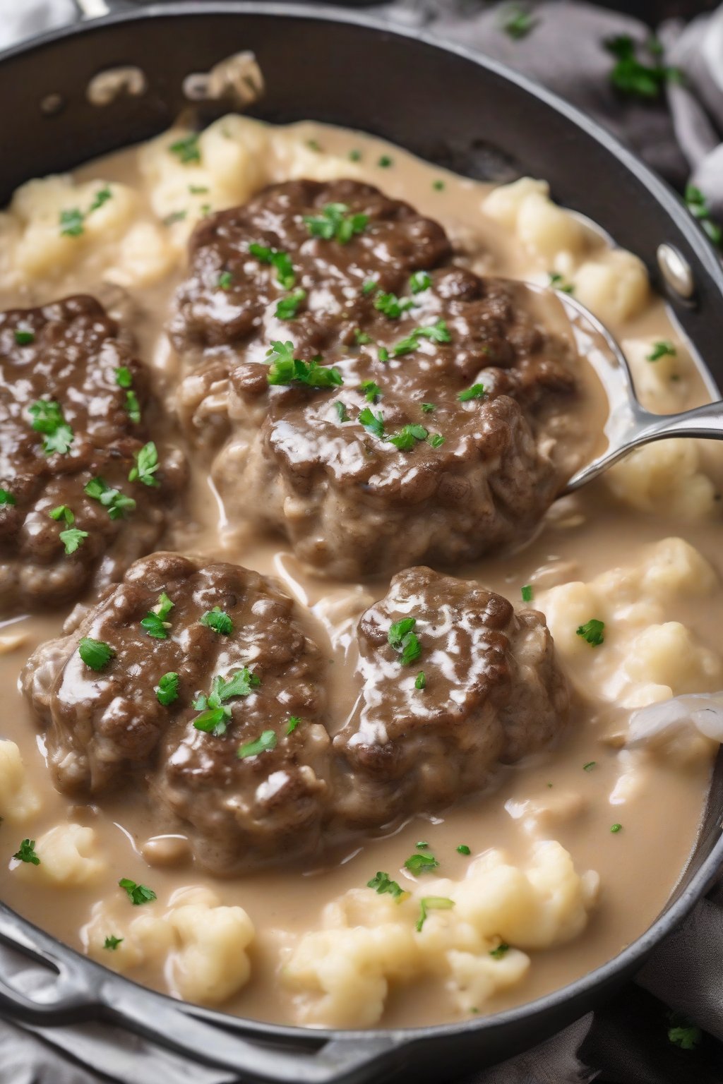 A high-resolution photo of keto Salisbury steak in smooth cauliflower gravy, with butter pats melting, under soft lighting.