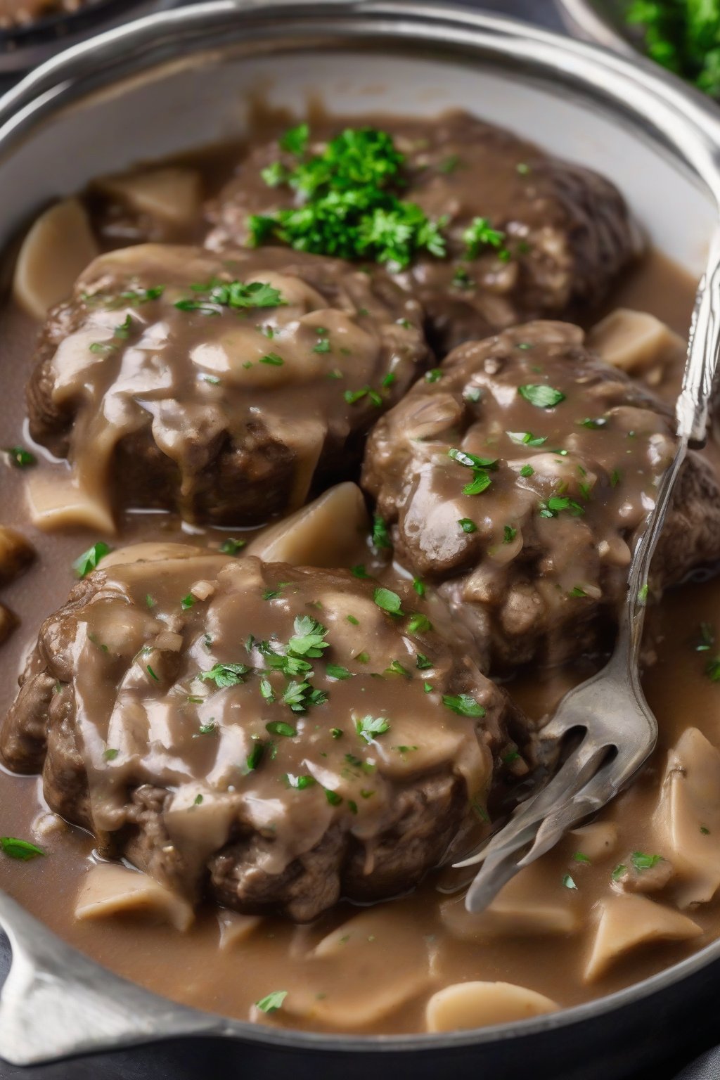A high-resolution photo of Instant Pot Salisbury steak steaming in mushroom gravy, fork-tender, under soft lighting.