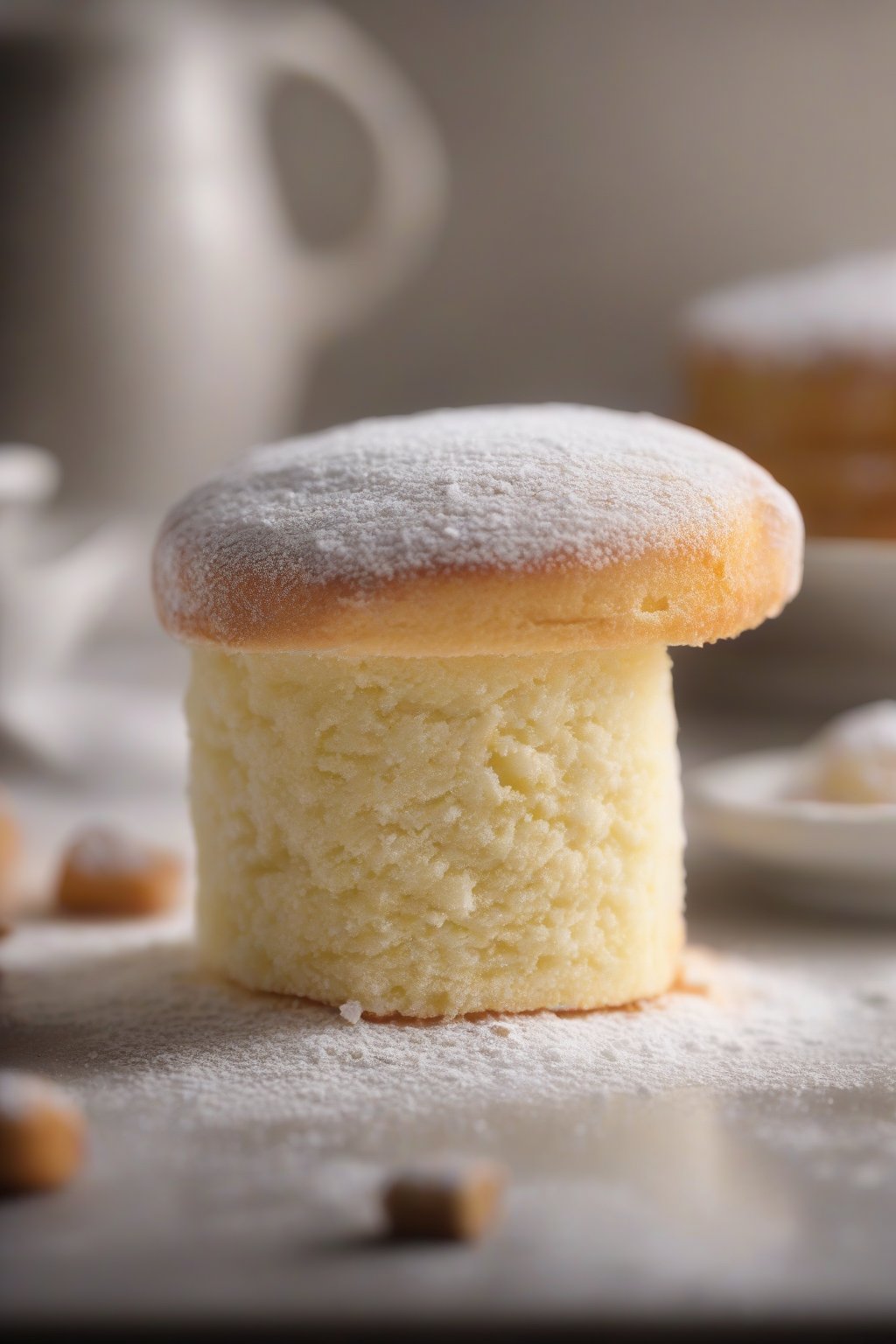 A high-resolution close-up photo of a fluffy sponge cake rolled with powdered sugar dusting, under soft lighting.