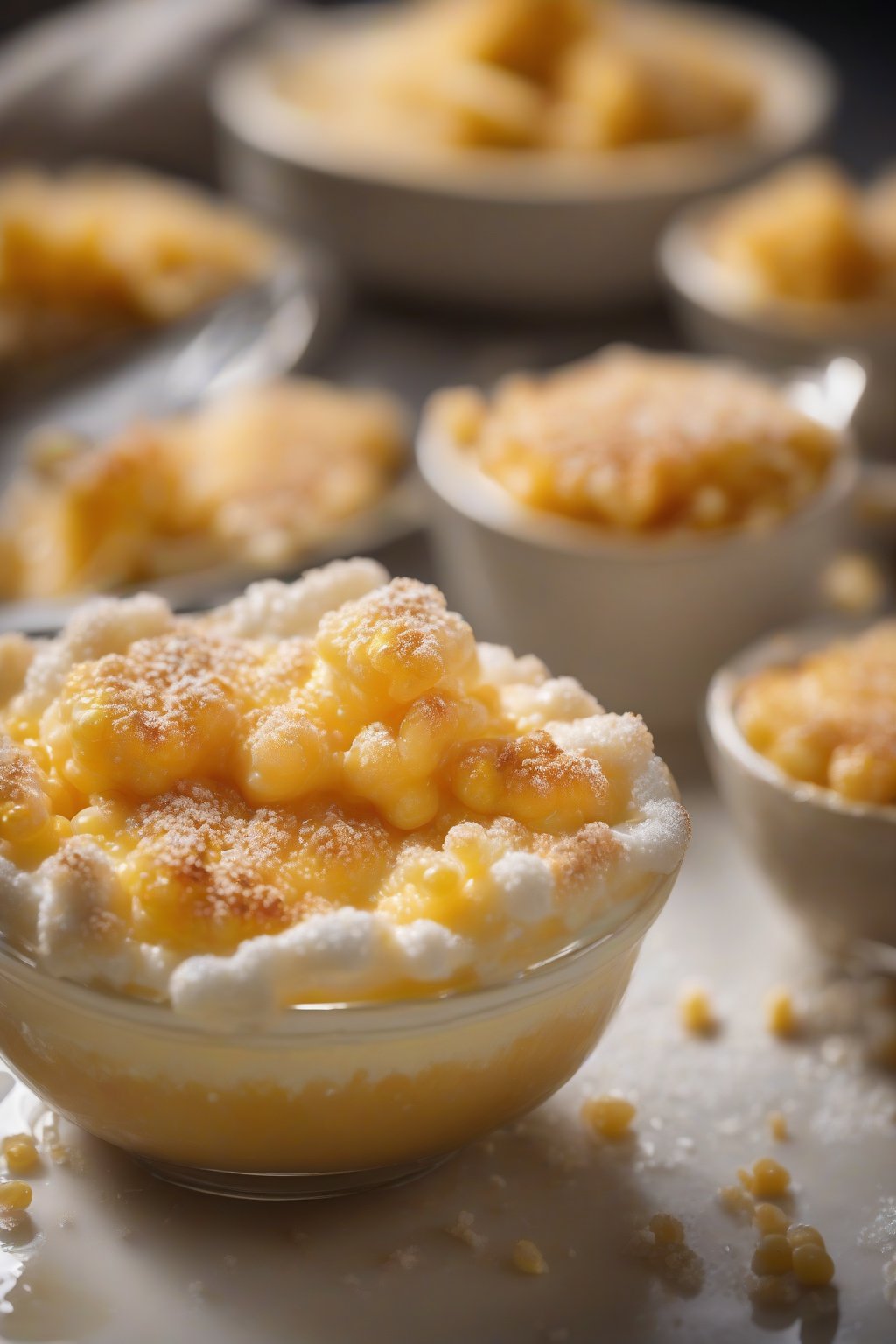 A high-resolution photo of sweet kernel cream corn brûlée with crackled sugar crust, creamy interior visible under soft lighting.