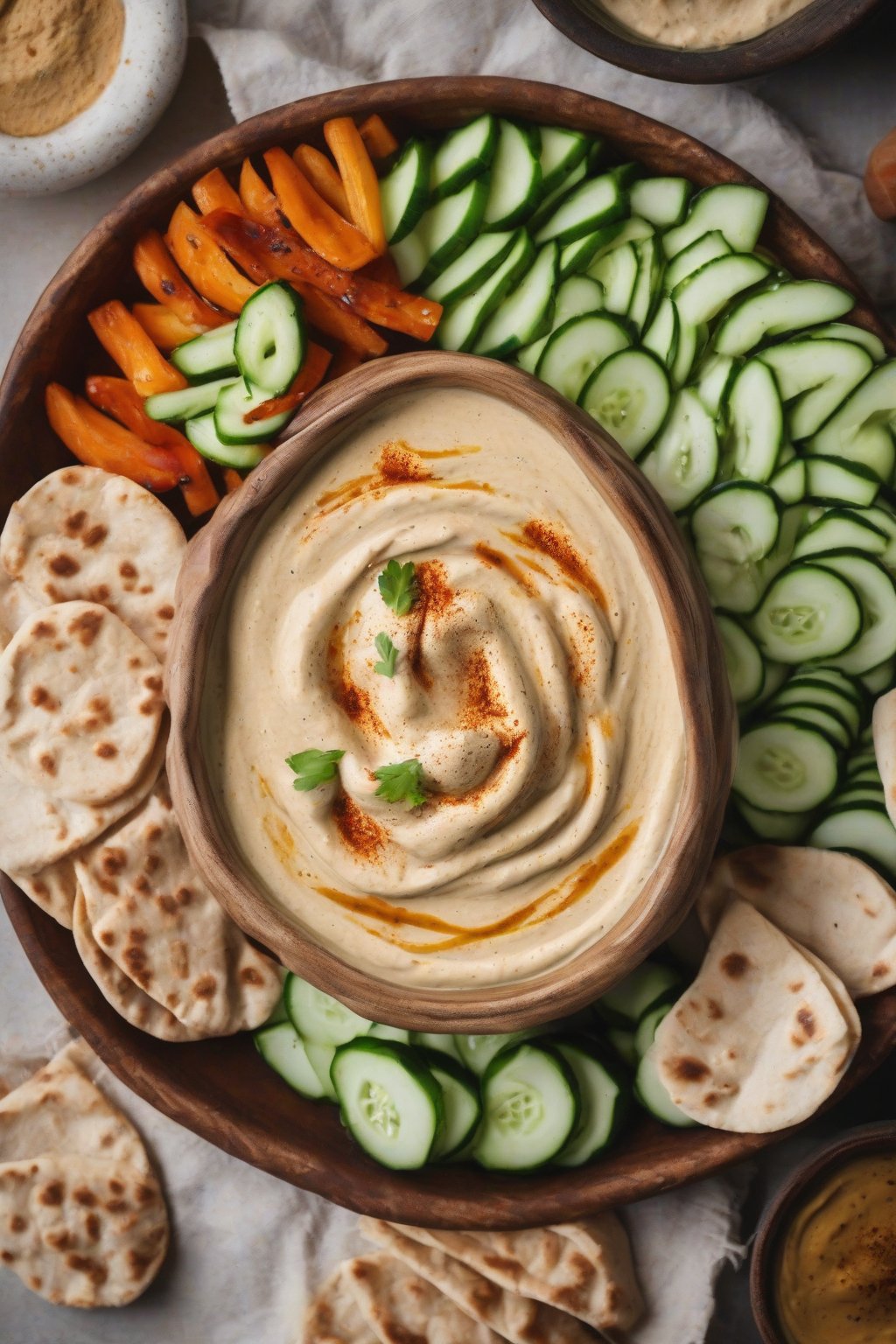 A high-resolution photo of classic tahini hummus in a rustic bowl topped with olive oil and paprika, surrounded by pita wedges and cucumber slices, under soft lighting.