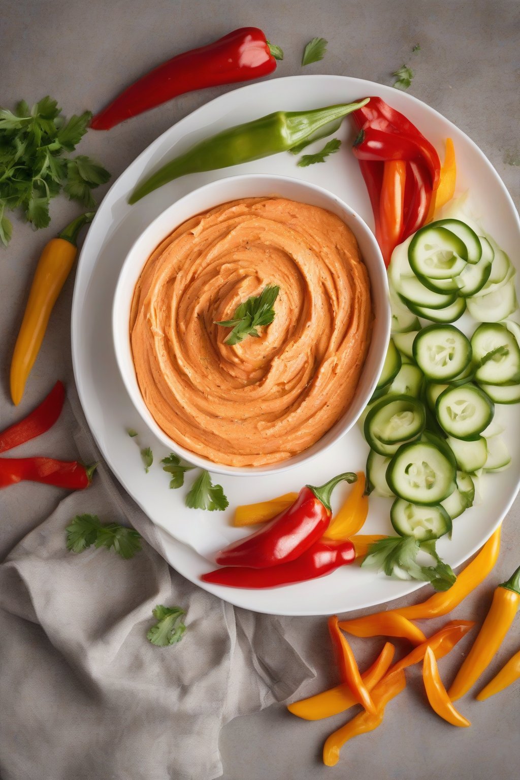 A high-resolution photo of roasted red pepper hummus swirled in a white bowl with pepper strips on top, next to bell pepper dippers, under soft lighting.