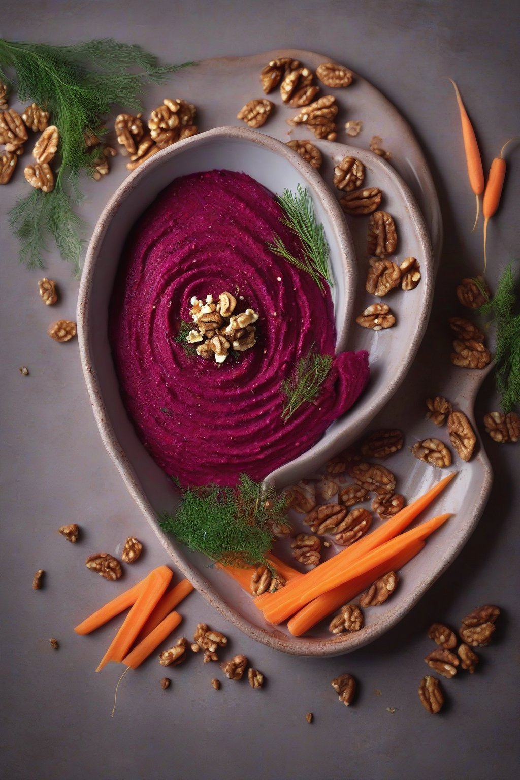 A high-resolution photo of beetroot hummus in a ceramic dish garnished with walnuts and dill, paired with carrot sticks, under soft lighting.