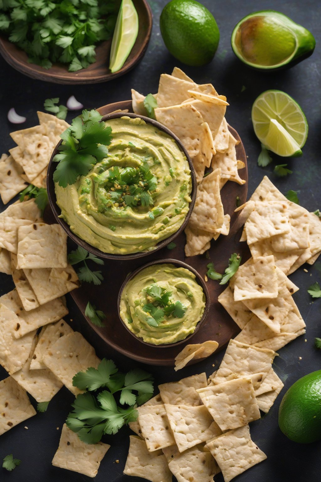 A high-resolution photo of avocado lime hummus topped with lime zest and cilantro, served with tortilla chips, under soft lighting.