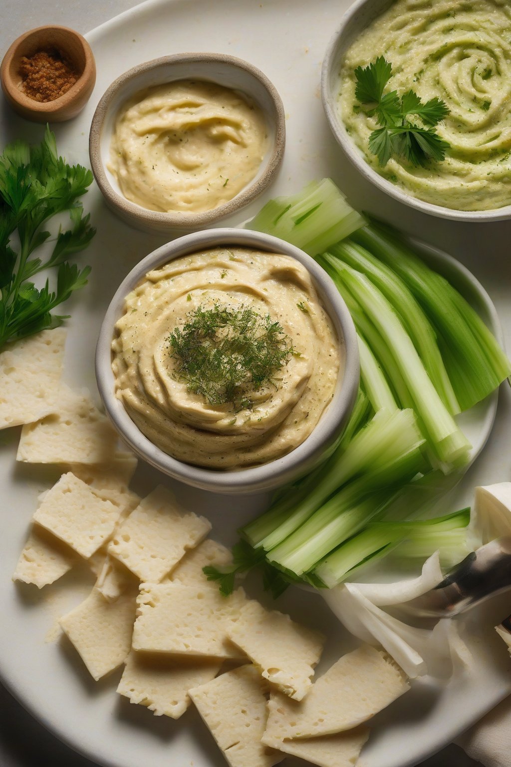 A high-resolution photo of garlic parmesan hummus sprinkled with extra yeast and herbs, alongside celery sticks, under soft lighting.