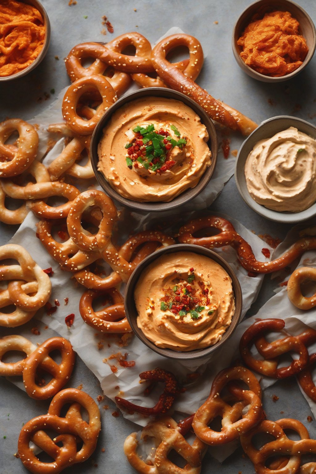 A high-resolution photo of spicy sriracha hummus with chili flakes on top, dippers like pretzels nearby, under soft lighting.