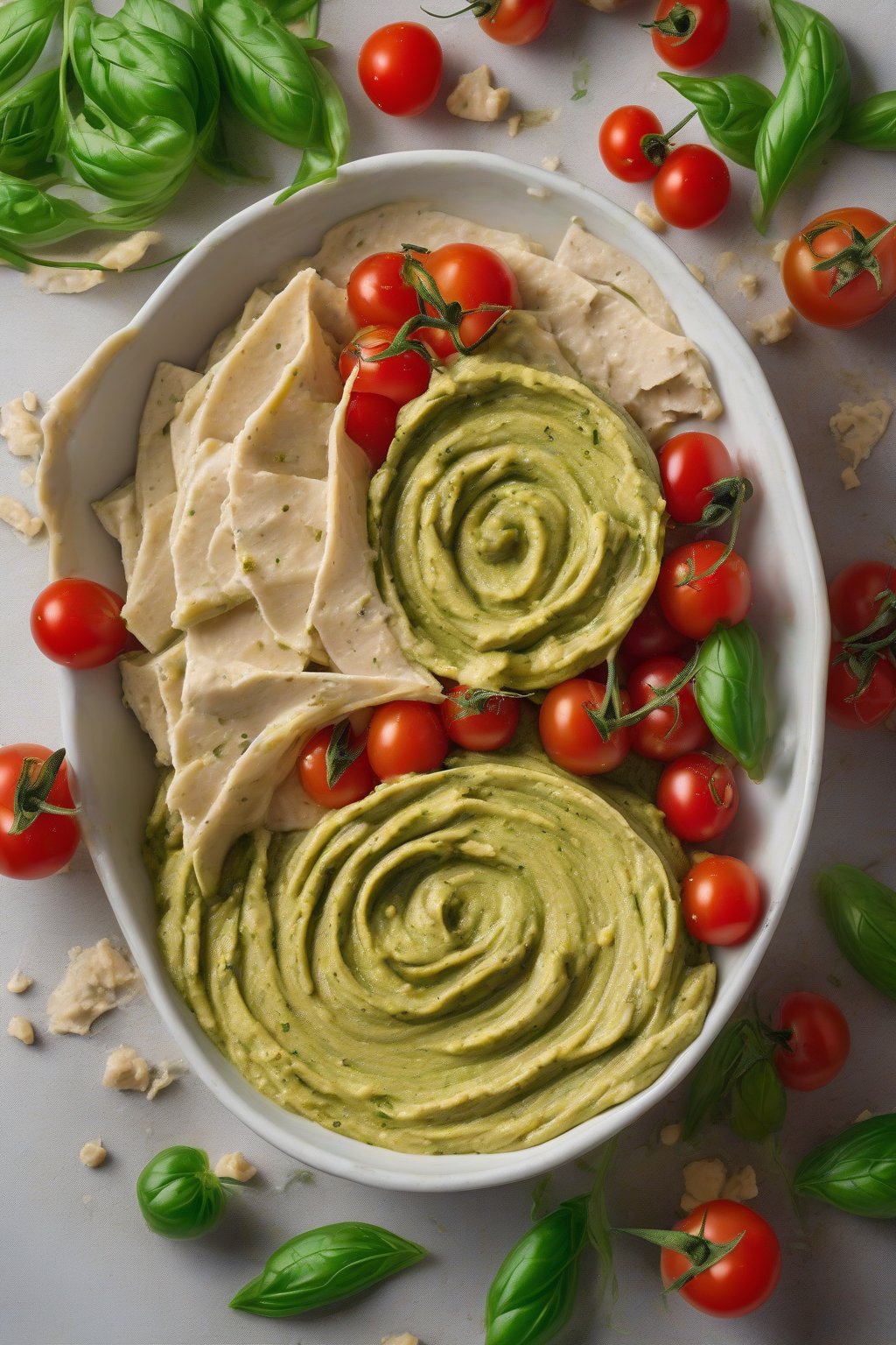 A high-resolution photo of pesto swirl hummus in a bowl with visible green ribbons, surrounded by cherry tomatoes, under soft lighting.