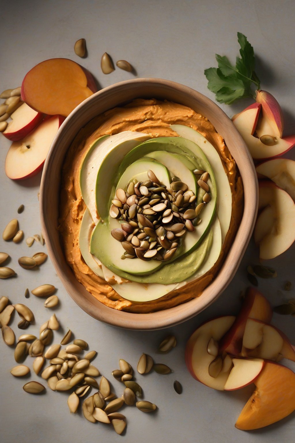 A high-resolution photo of sweet potato hummus garnished with pumpkin seeds, served with apple slices, under soft lighting.