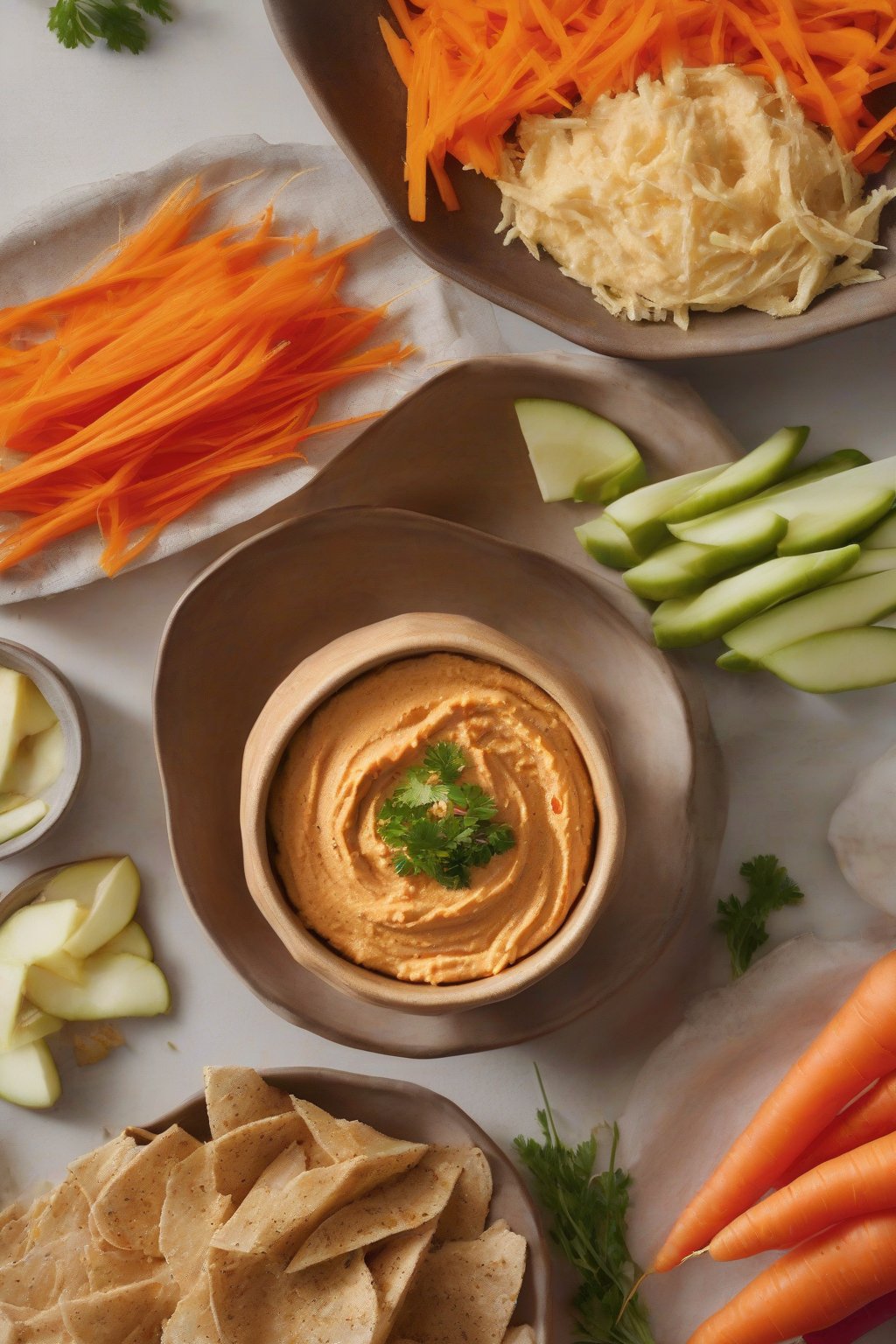 A high-resolution photo of carrot ginger hummus topped with grated ginger, next to radish slices, under soft lighting.
