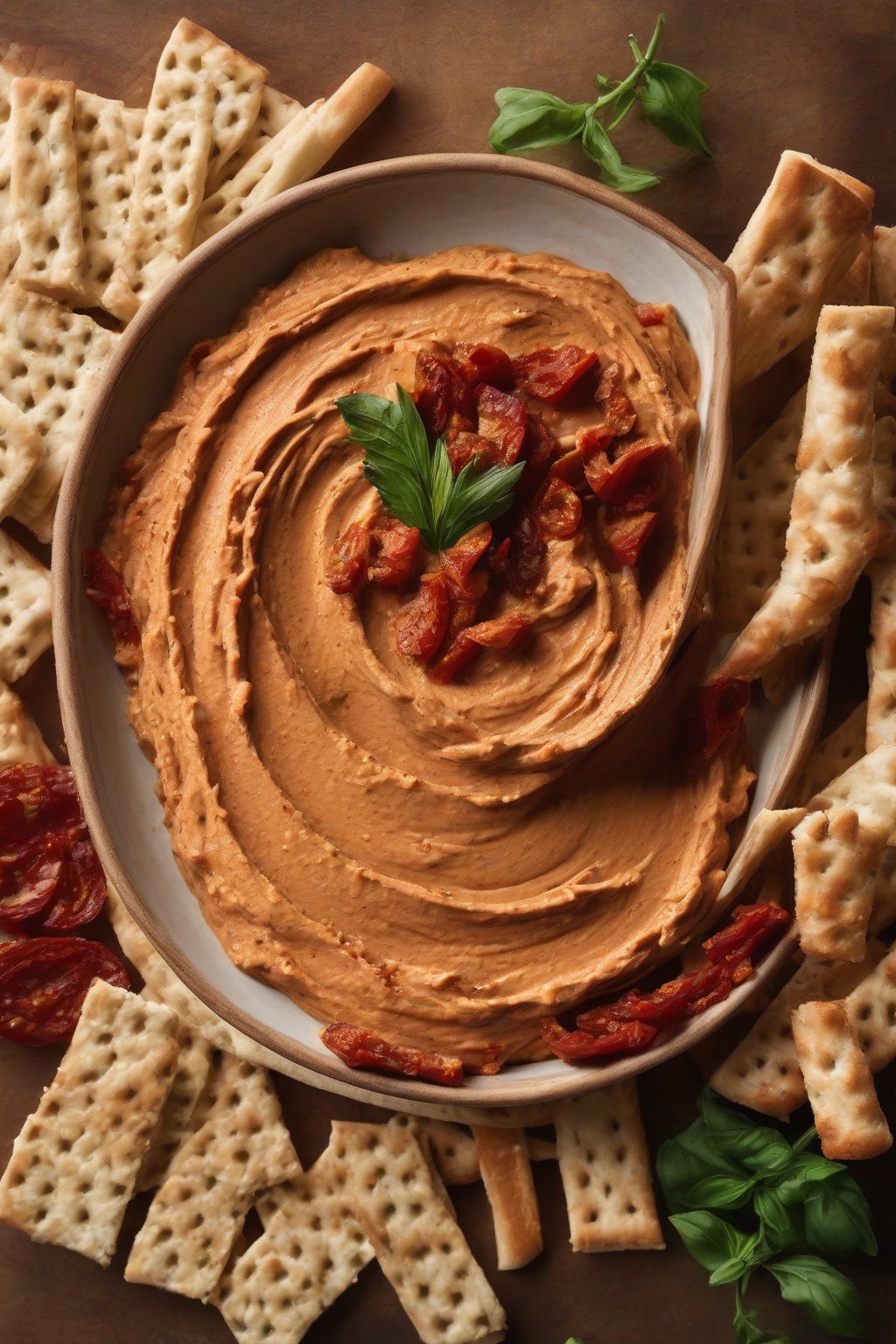 A high-resolution photo of sun-dried tomato hummus with tomato pieces visible, paired with breadsticks, under soft lighting.