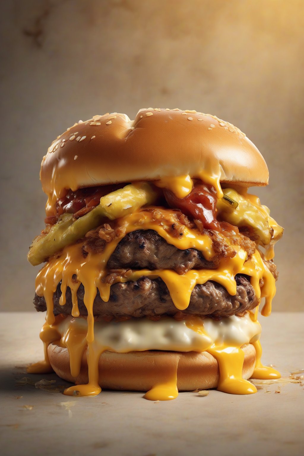 A high-resolution close-up photo of a double cheese smash burger with melted cheese dripping, crispy edges, and fresh toppings on a toasted bun under soft lighting.