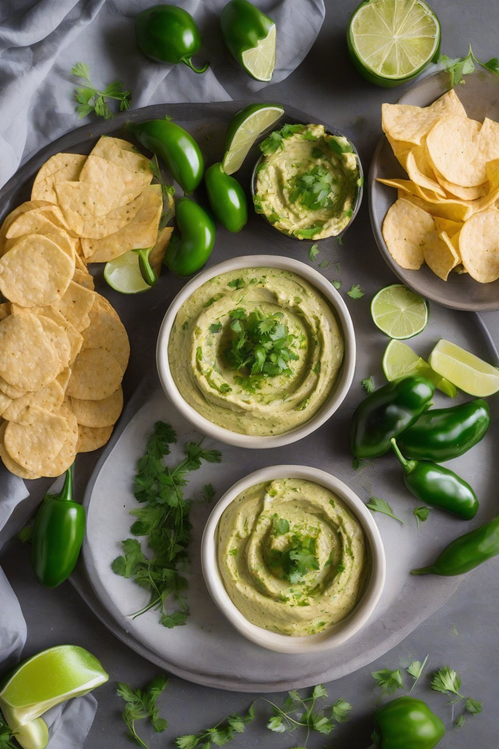 A high-resolution photo of jalapeño cilantro hummus scattered with fresh herbs, alongside lime wedges and chips, under soft lighting.