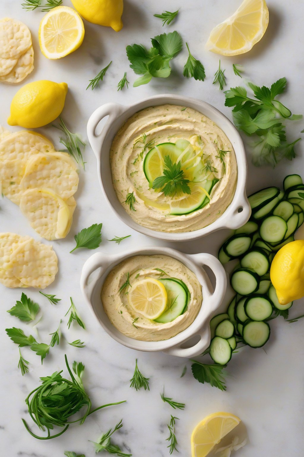 A high-resolution photo of lemon herb hummus topped with lemon slices and herbs, with cucumber rounds, under soft lighting.